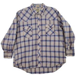 Vtg Ely Cattleman Plaid Shirt Mens 19-35 Big Tall Pearl Snap LS Beige Blue Y2K